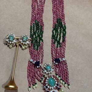Elegant Pink and Green Beaded Necklace Set